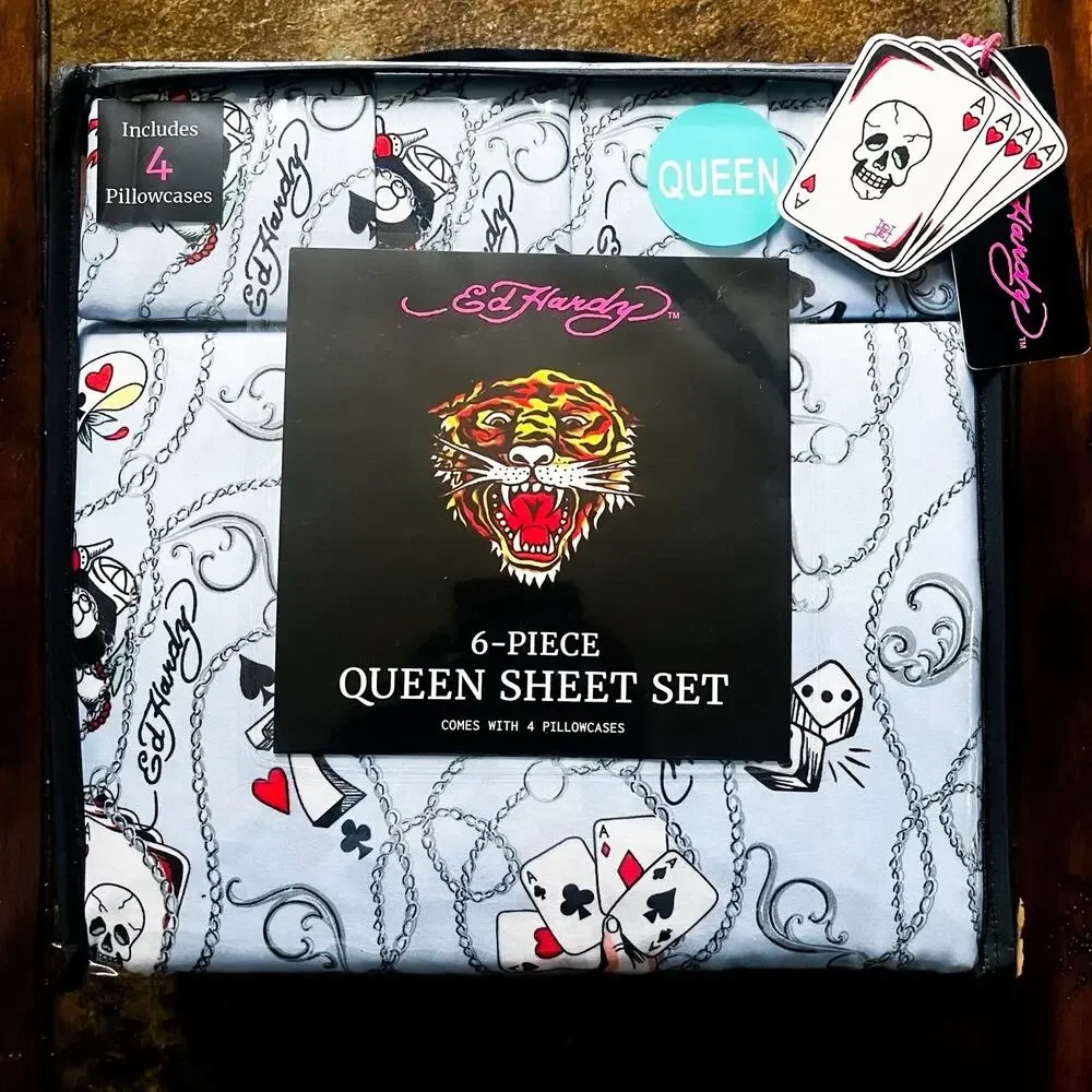 NEW Ed Hardy 6 Piece Sheet Set Extra Pillowcases - Blue Skulls Cards, Queen Size